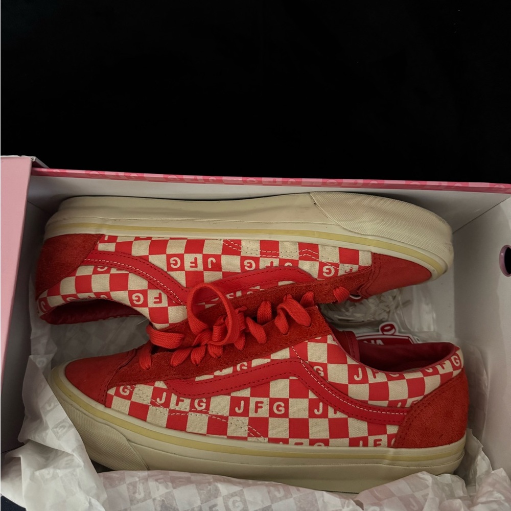 Red and White Vans JFG Checkered Sneakers